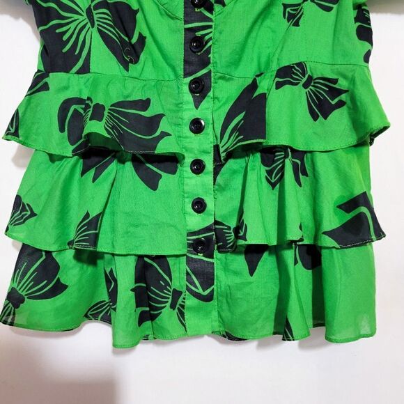 Nanette Lepore Green Bow Print Ruffle V-Neck Blouse - Picture 3 of 5